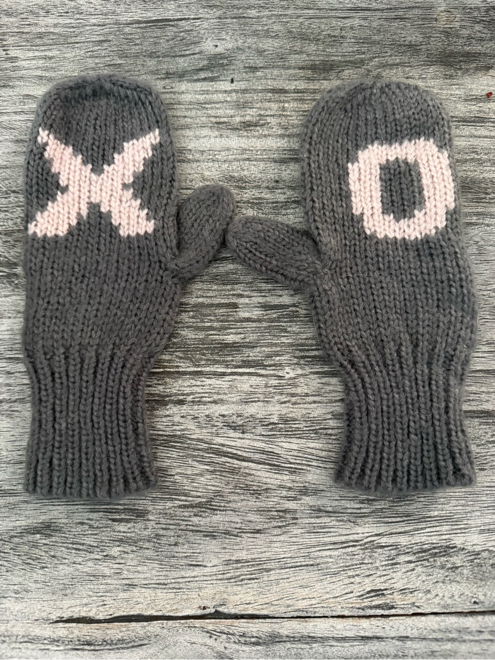 Wooden Ships XO mittens gray pink acrylic wool mohair blend #NE300